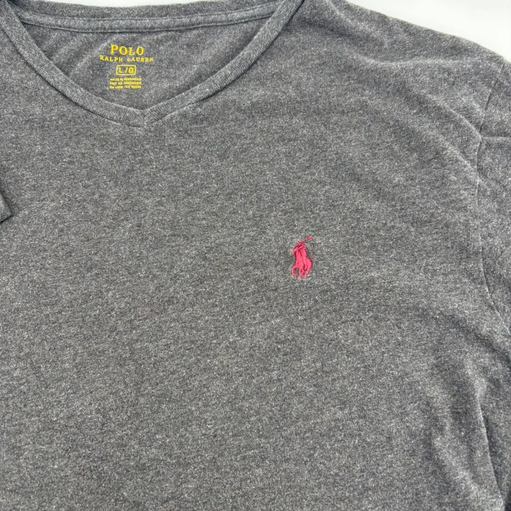 Polo Ralph Lauren T-Shirt Mens L Grey Excellent V-Neck Long‎ Sleeve Pony Logo